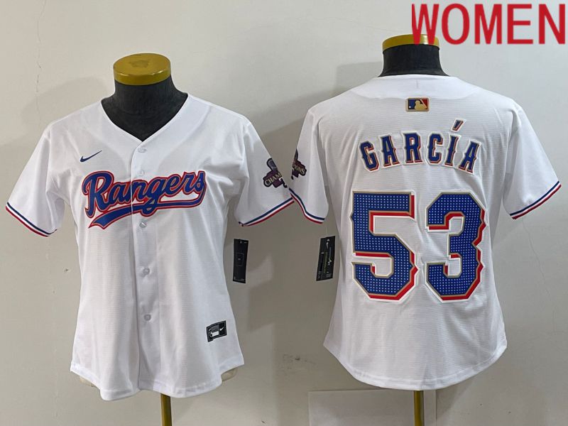 Women Texas Rangers 53 Garcia White Champion Game Nike 2024 MLB Jersey style 1